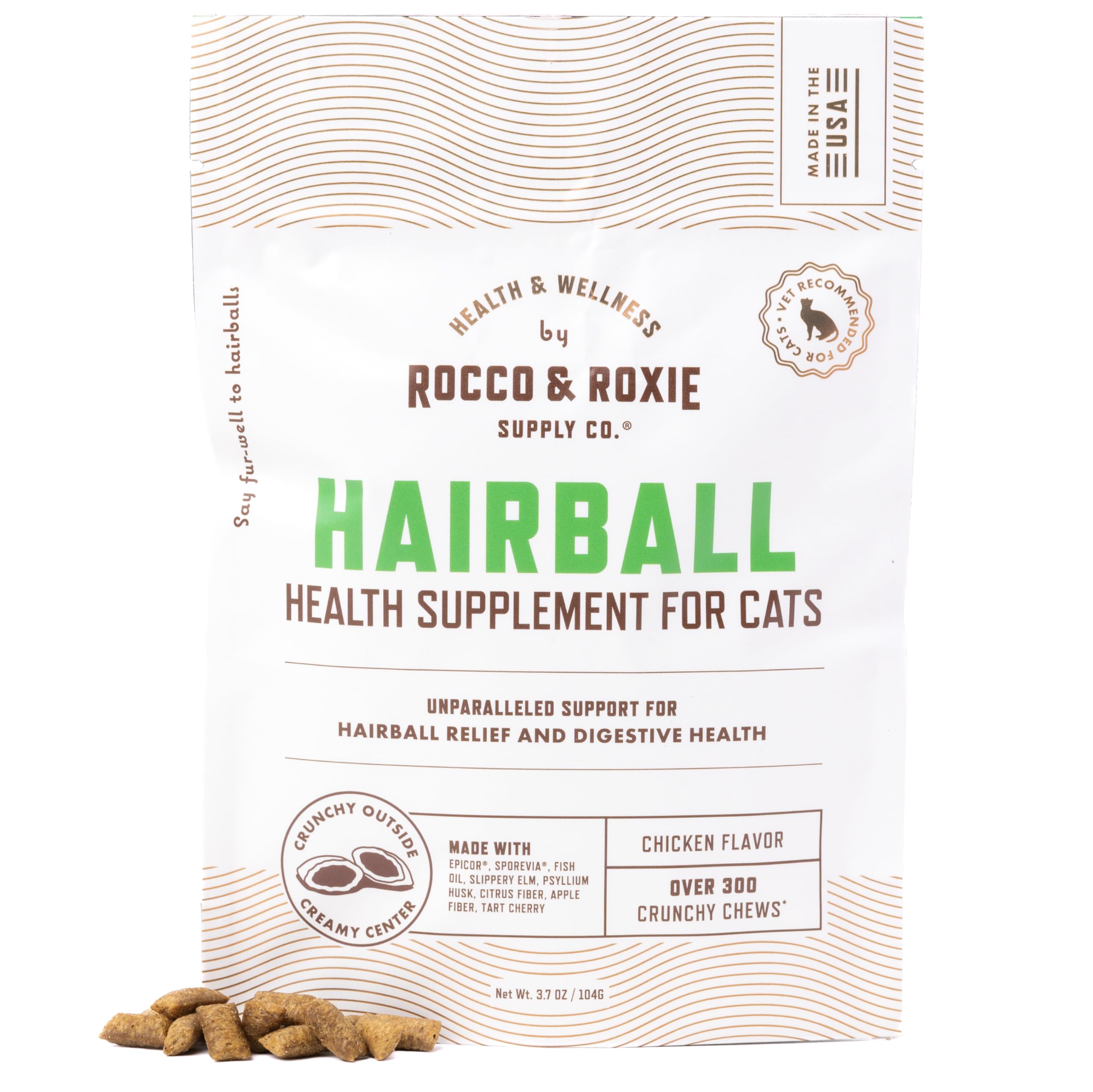 Rocco & Roxie Hairball Treatment cat treats with crunchy texture for easier administration
