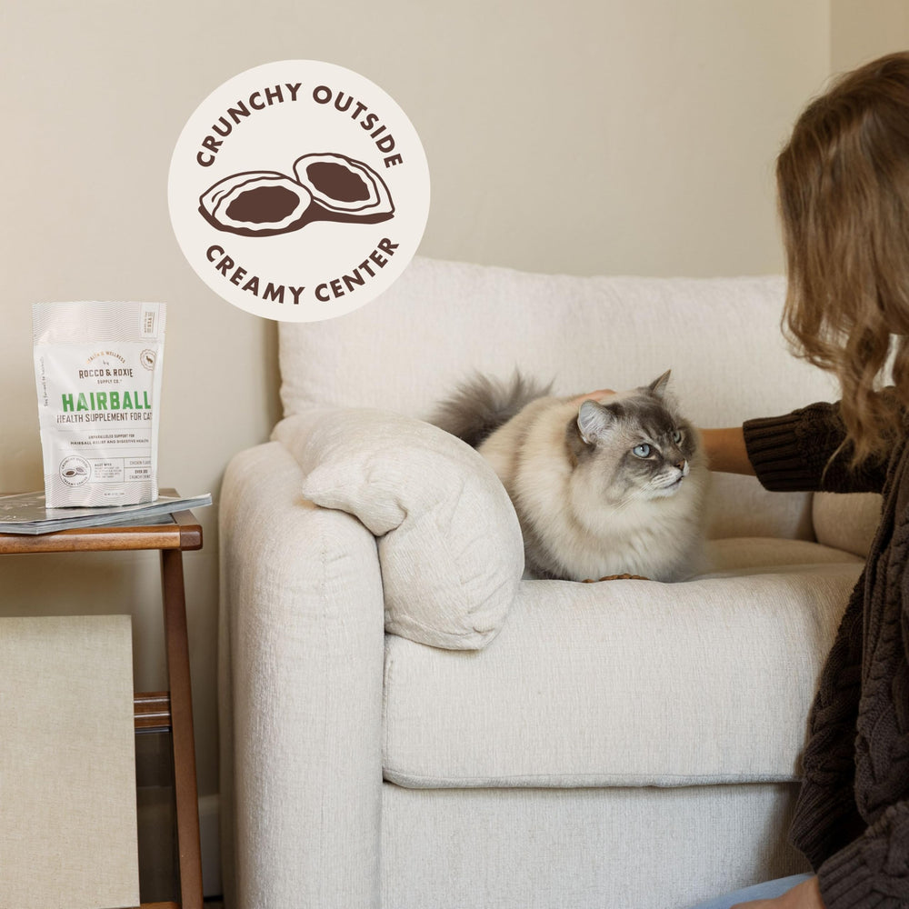 Rocco & Roxie hairball treatment creamy center hides a tasty chicken flavor