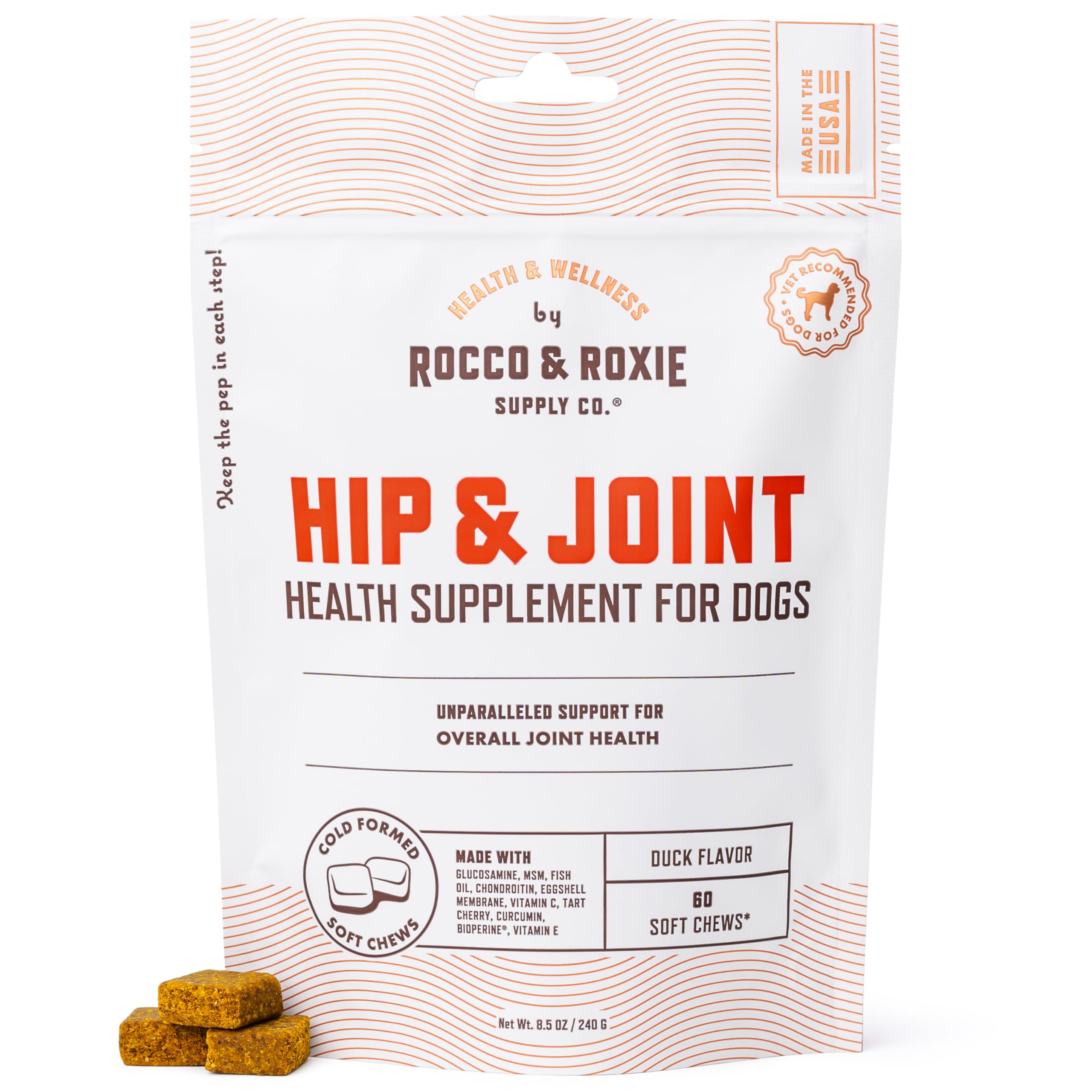 Rocco & Roxie duck-flavored soft chews for joint mobility support.