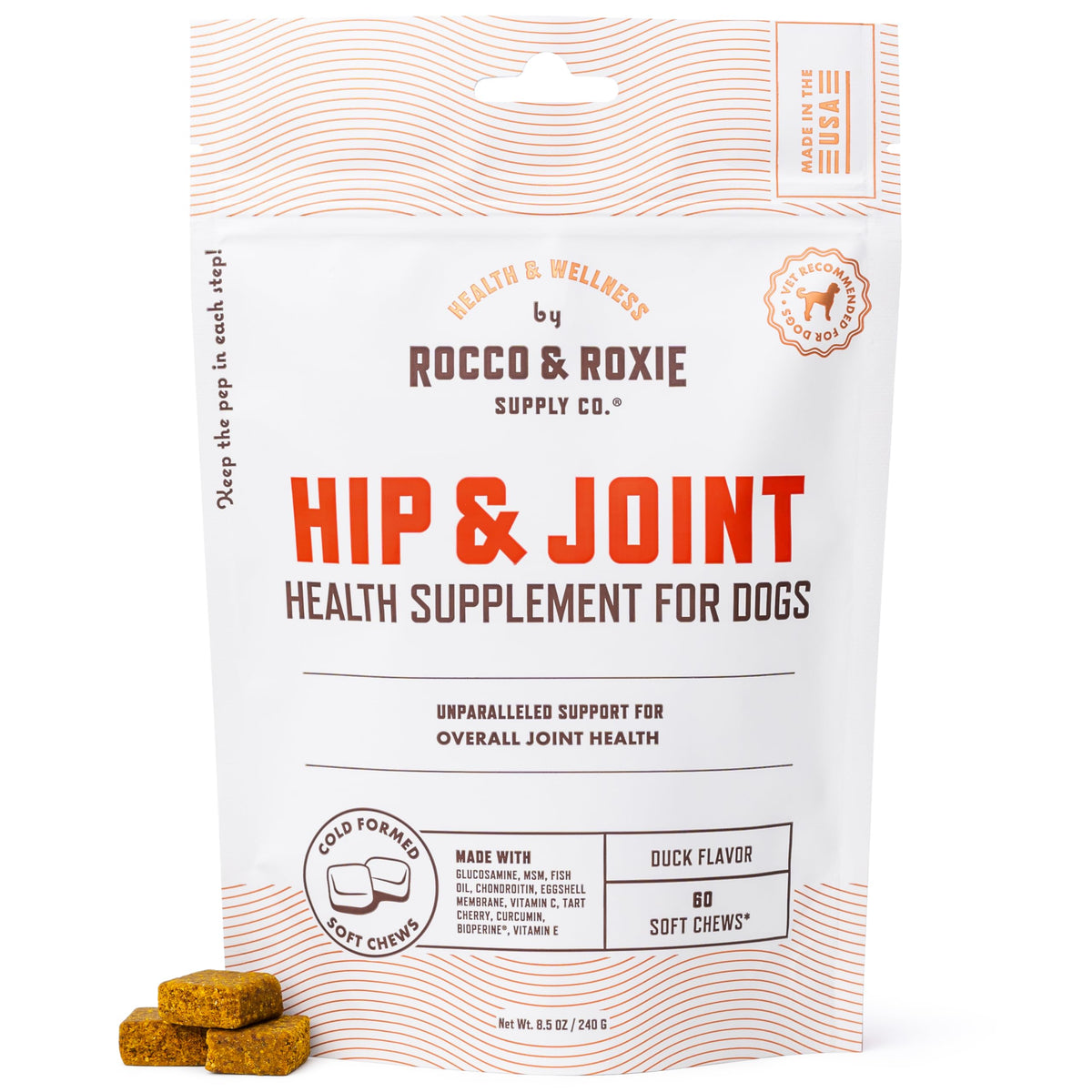 Rocco & Roxie duck-flavored soft chews for joint mobility support.