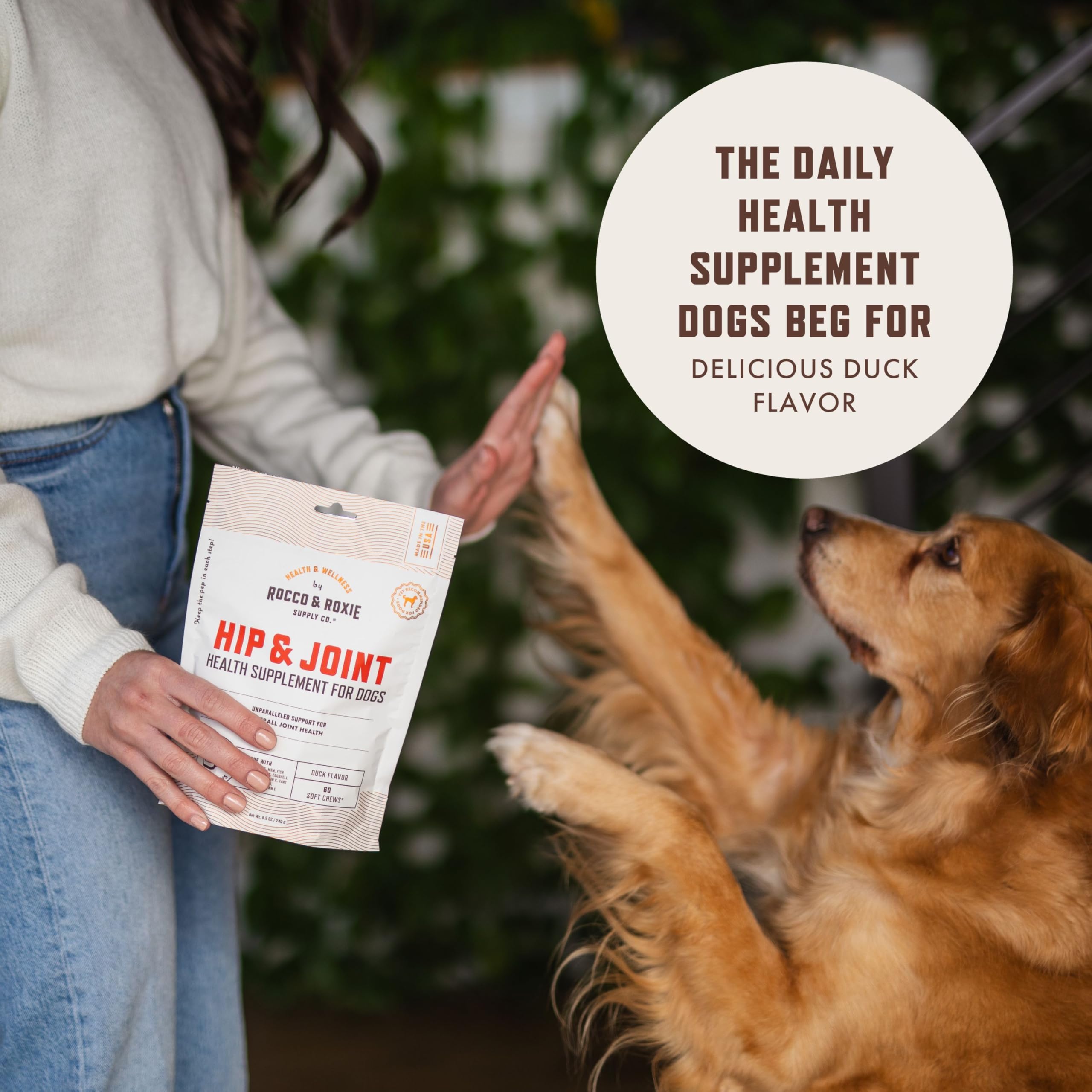 Rocco & Roxie packaging and treat bowl showcasing the joint supplement.