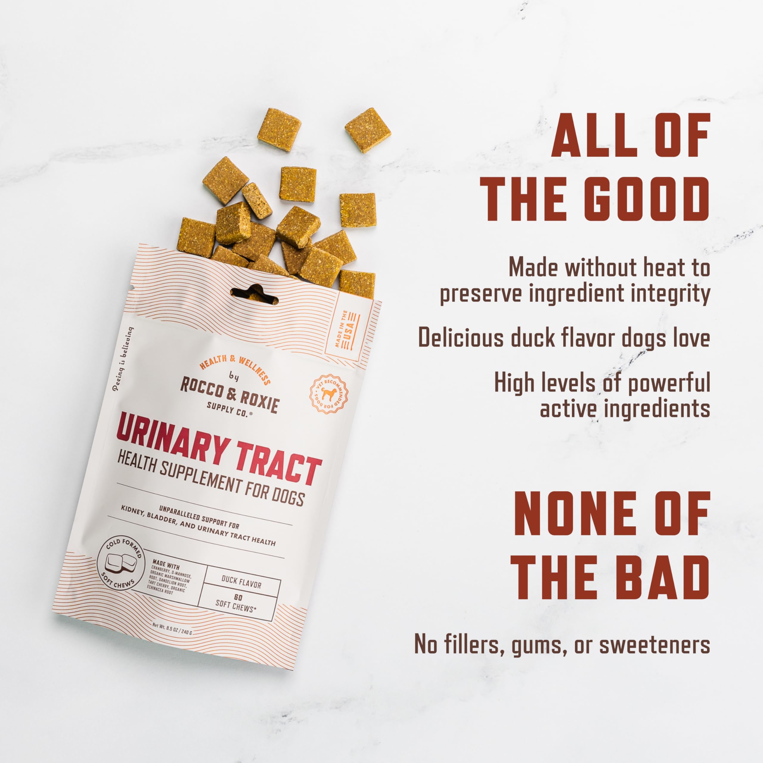 Rocco & Roxie USA-made packaging emphasizes quality ingredients.
