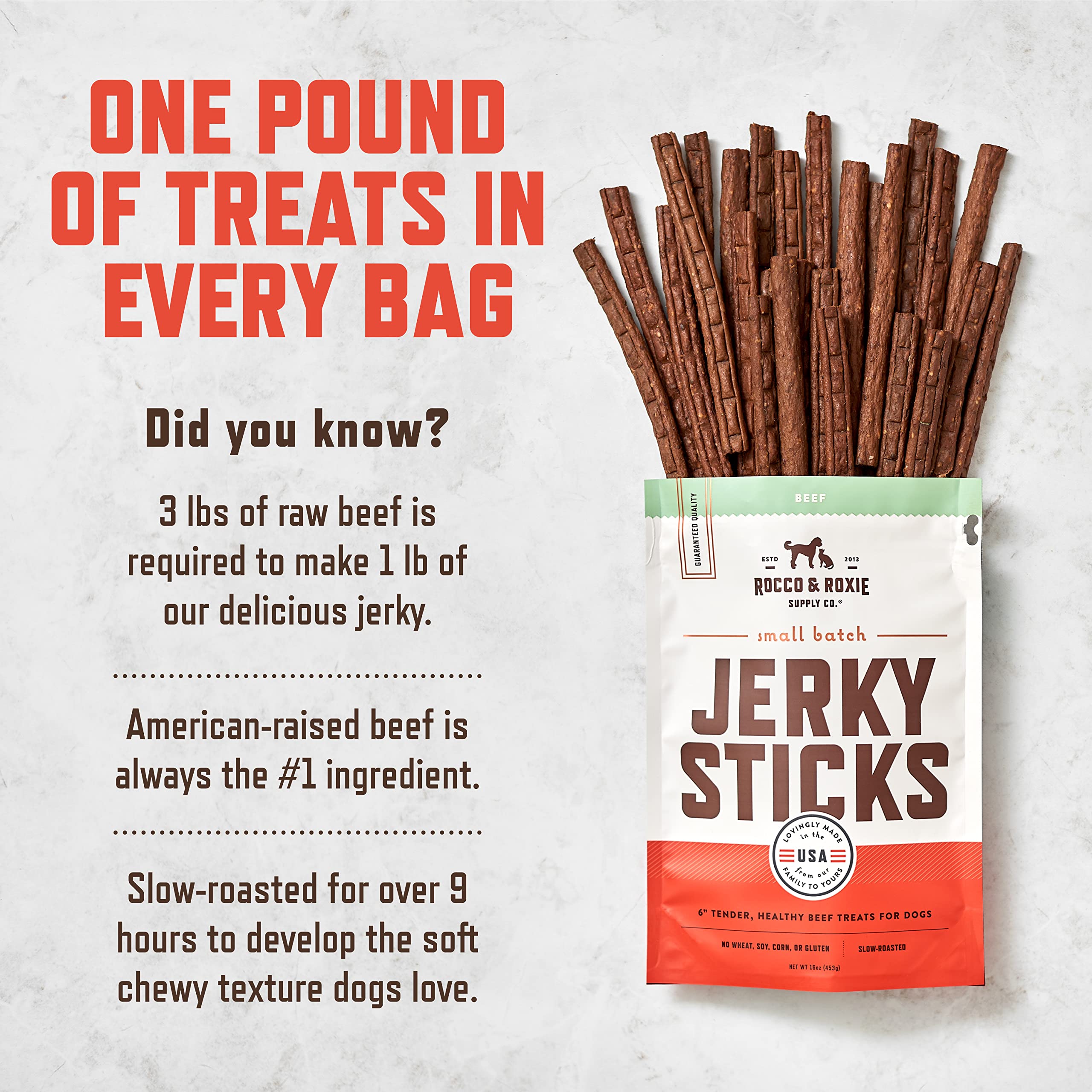 Rocco & Roxie soft-tender jerky training treats close-up, ideal for gentle, high-value rewards.