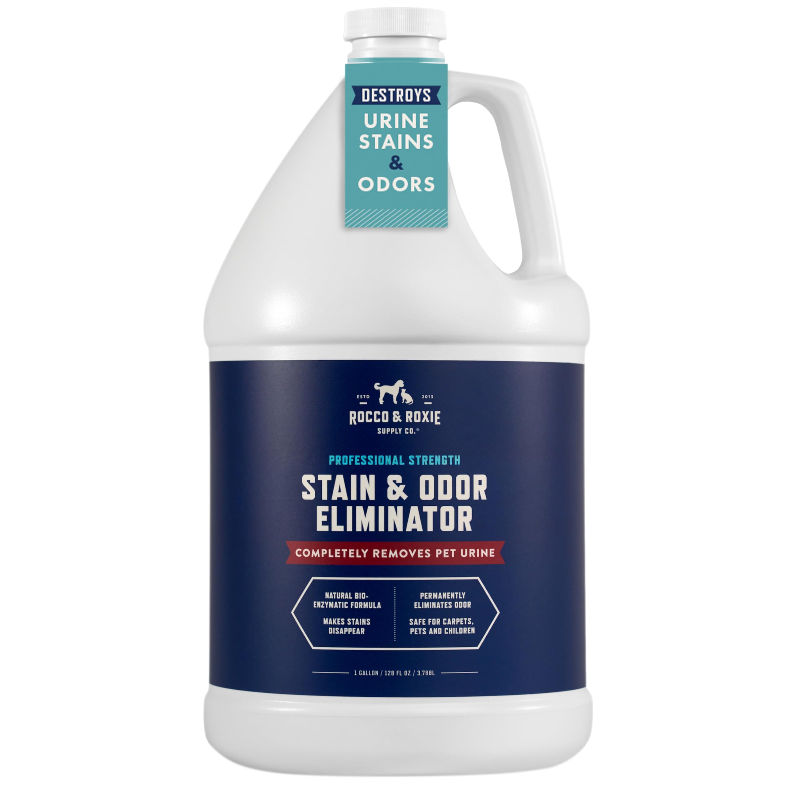 Rocco & Roxie Stain & Odor Eliminator bottle front, pet-safe.