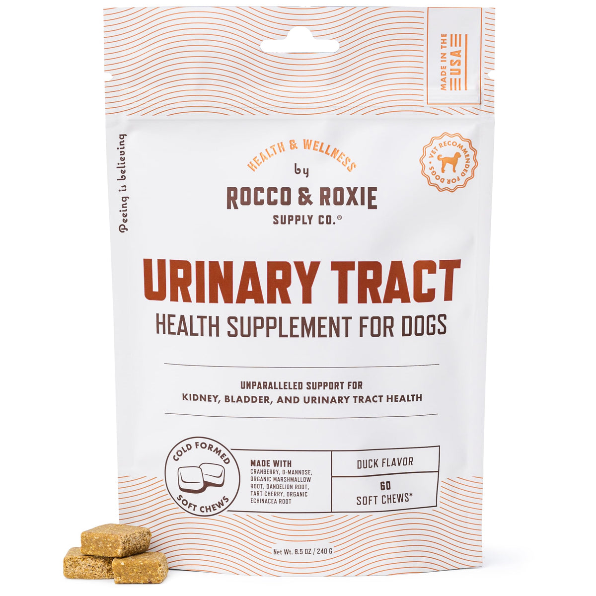 Rocco & Roxie UTI treatment bottle with duck-flavored soft chews supporting urinary health.