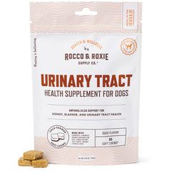 Rocco & Roxie UTI treatment bottle with duck-flavored soft chews supporting urinary health.