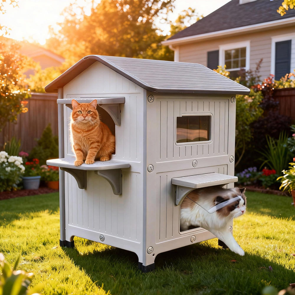 Rockever outdoor cat house front view showing all-season shelter for outdoors.
