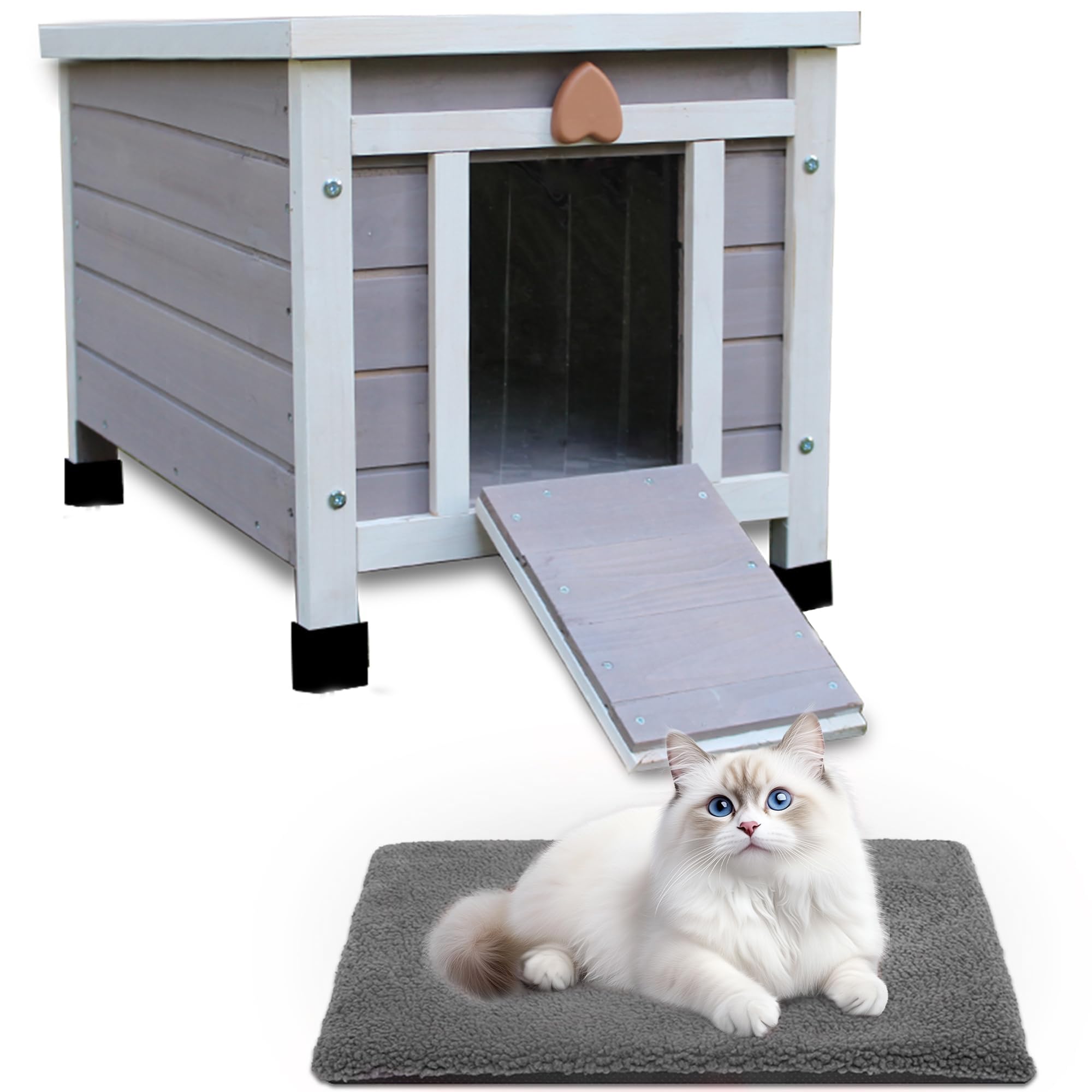 Rockever outdoor cat house with soft mat showing a cozy wooden shelter for outdoor cats and small pets