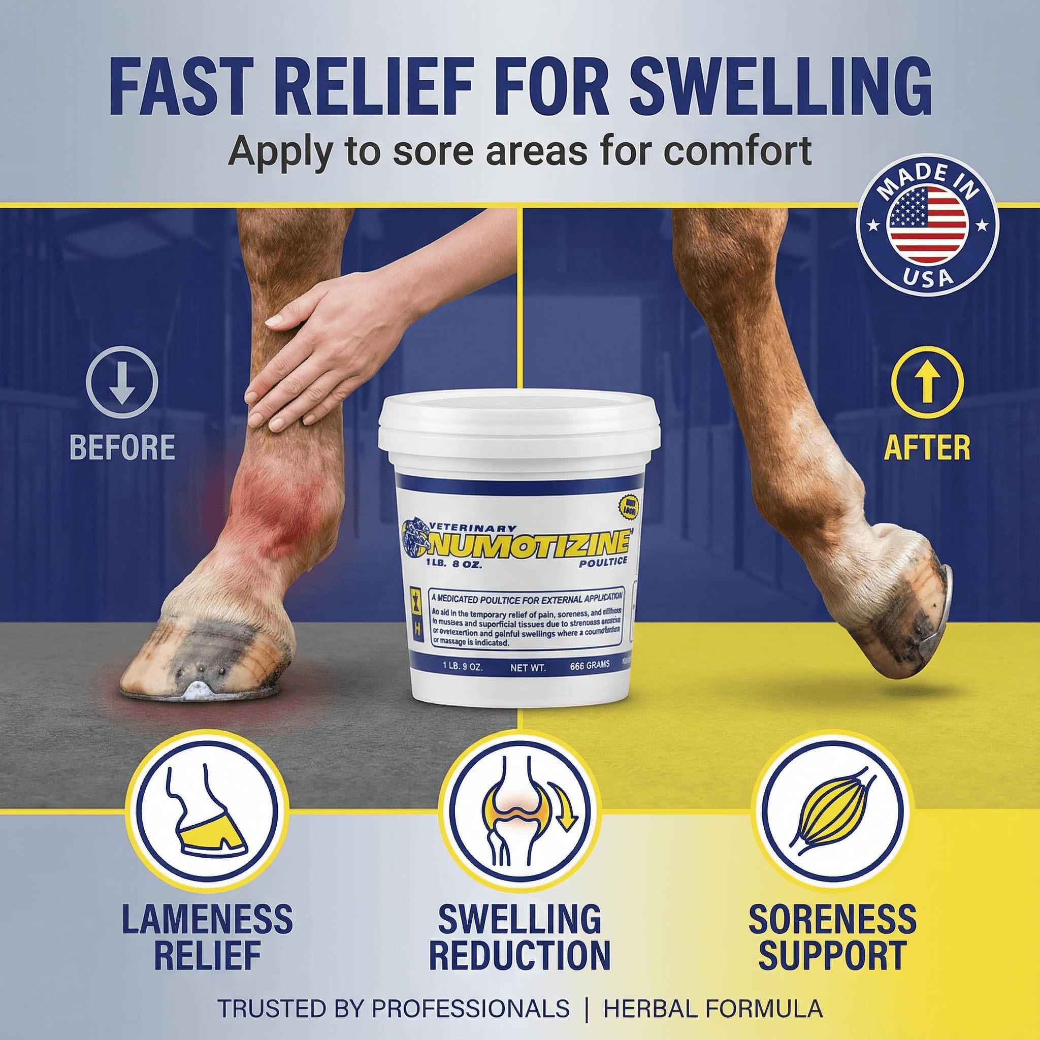 Rod's Numotizine poultice applied to horse leg during care routine