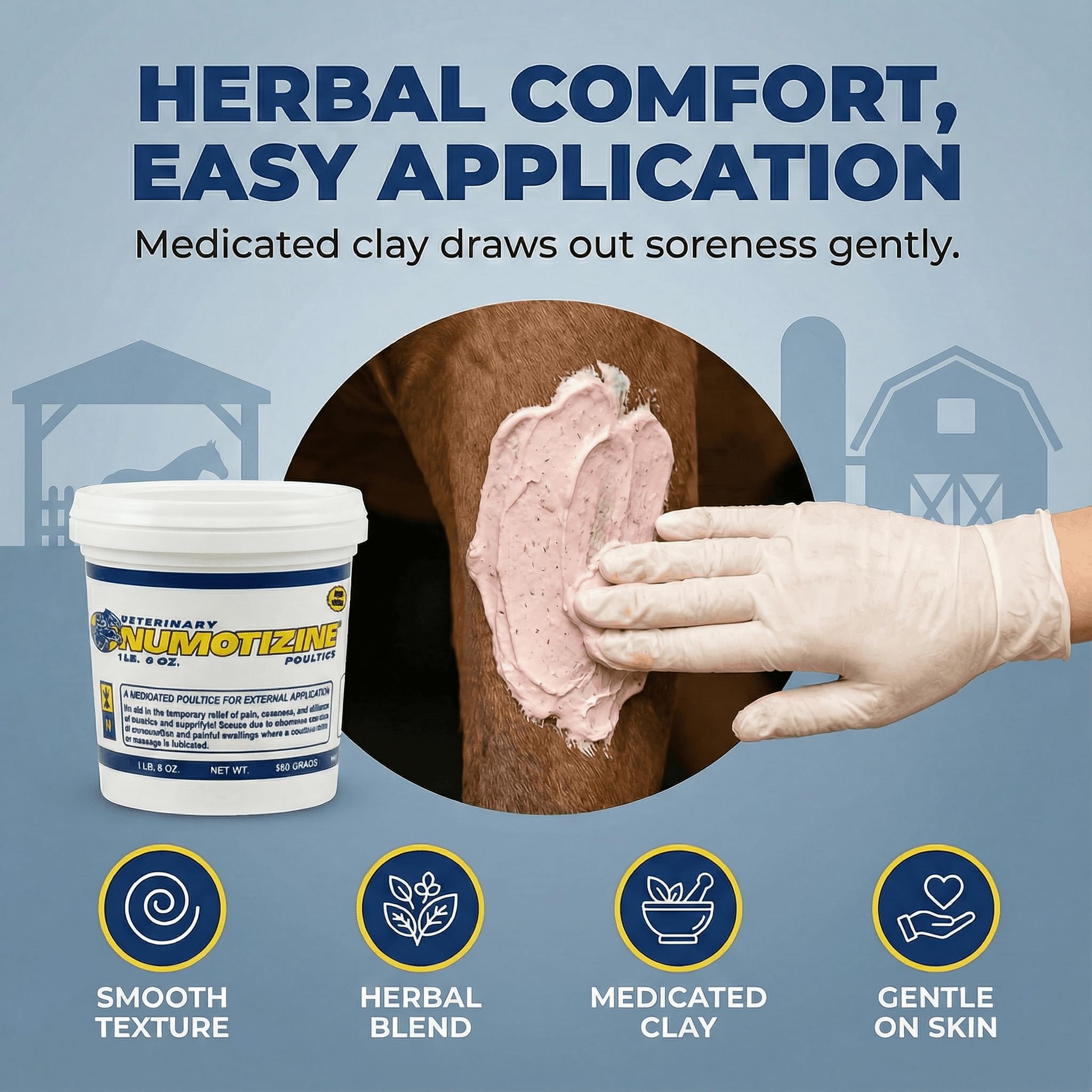 Rod's Numotizine poultice ready-to-use on shelf in barn