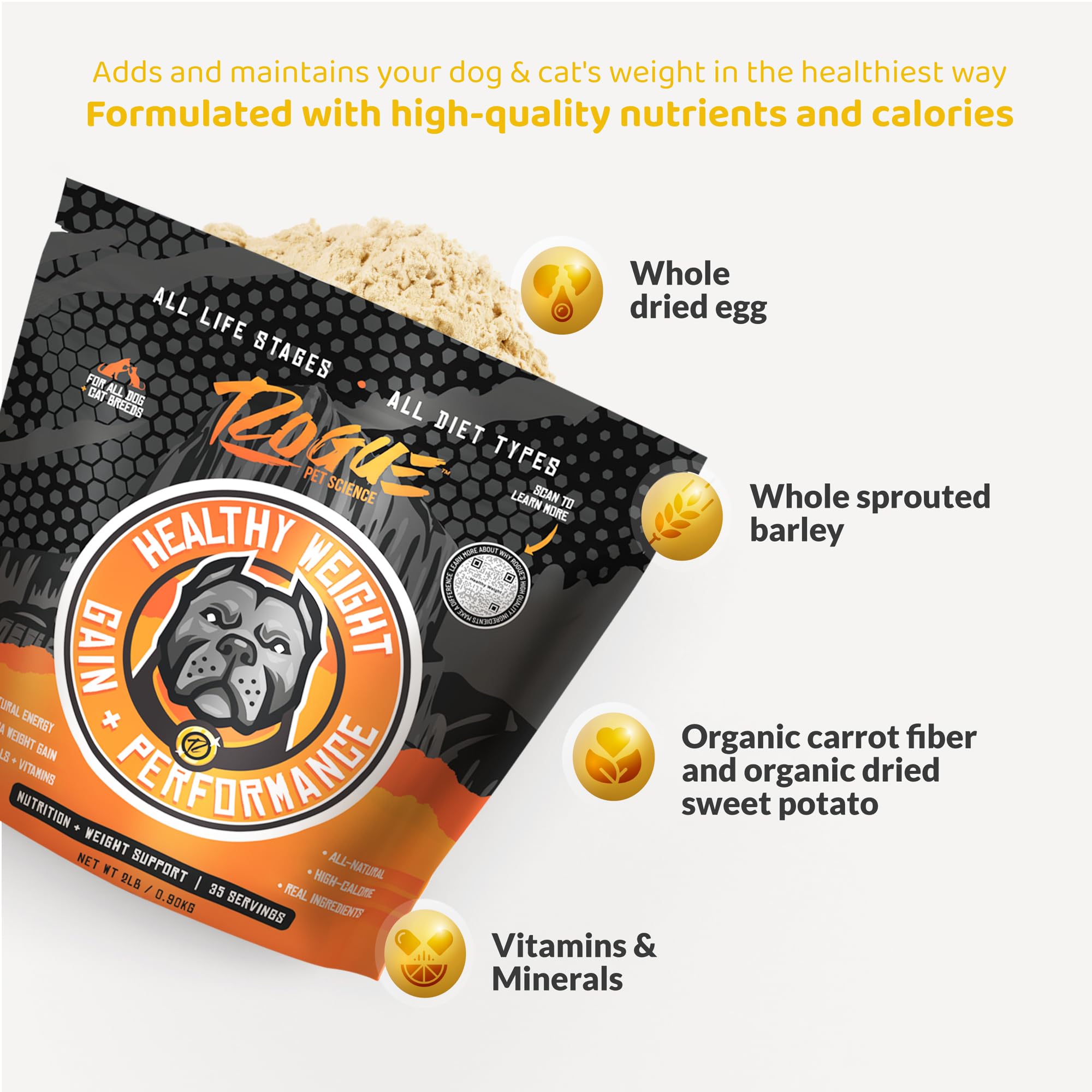 Rogue Pet Science Healthy Weight canister closeup with scoop for easy dosing.
