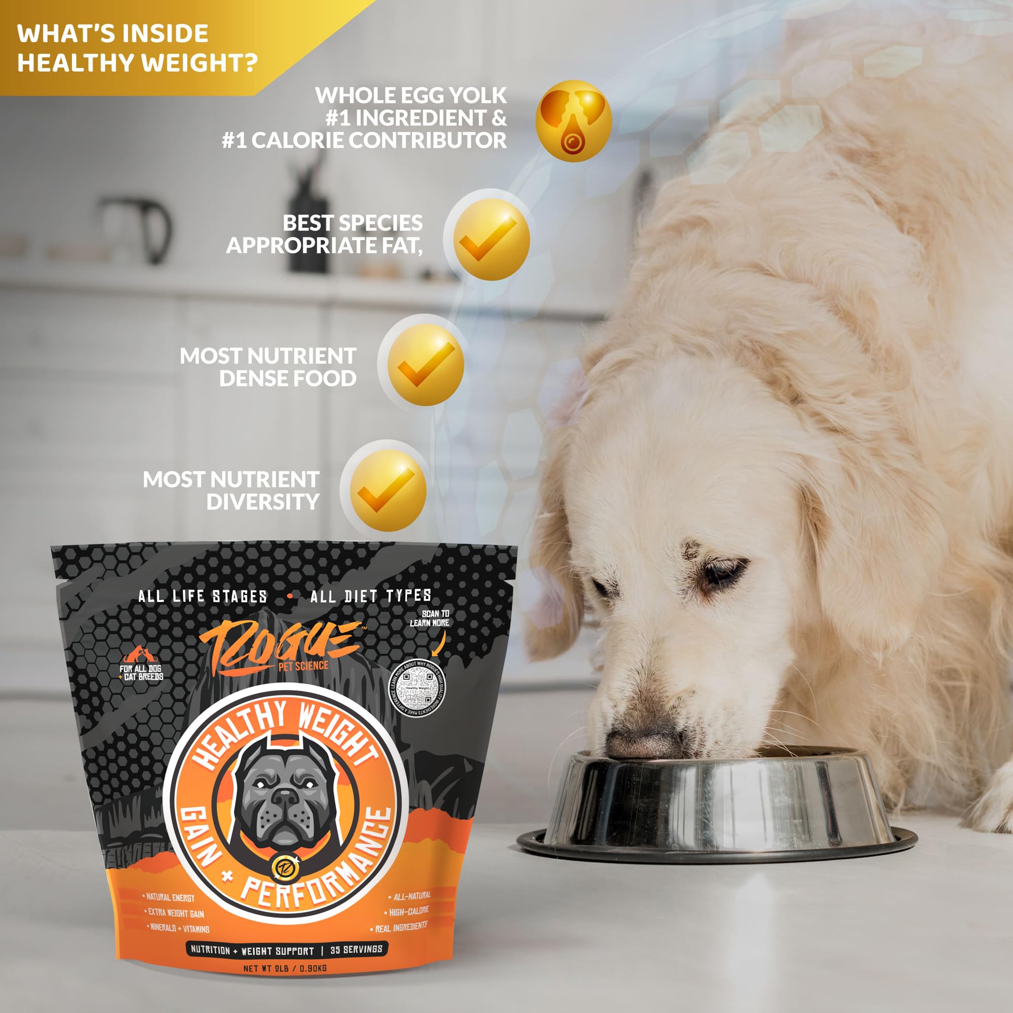 Rogue Pet Science Healthy Weight label closeup emphasizes USA-made sourcing.