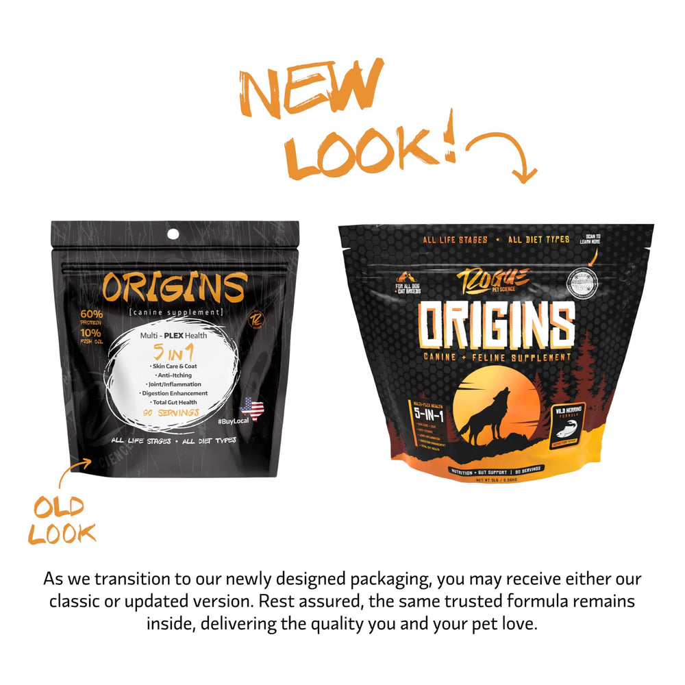 ROGUE PET SCIENCE Origins 5-in-1 dog supplement mixing into dog food at mealtime