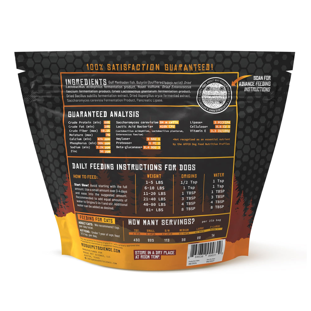 Rogue Pet Science Origins 5-in-1 gut health with USA-made quality.