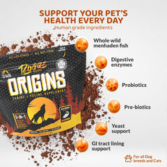 Rogue Pet Science Origins 5-in-1 powder ready to mix into meals for easier feeding.