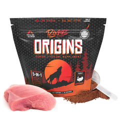 Rogue Pet Science Origins turkey powder topper added to dog bowl for digestion support
