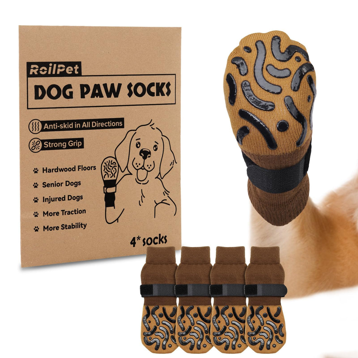 Roilpet double-sides non-slip dog socks provide paw traction on slippery floors