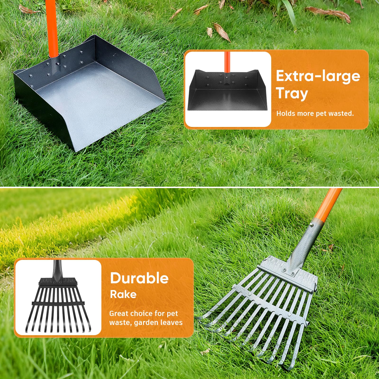 ROIUBPO heavy-duty metal rake and tray provide sturdy waste collection.