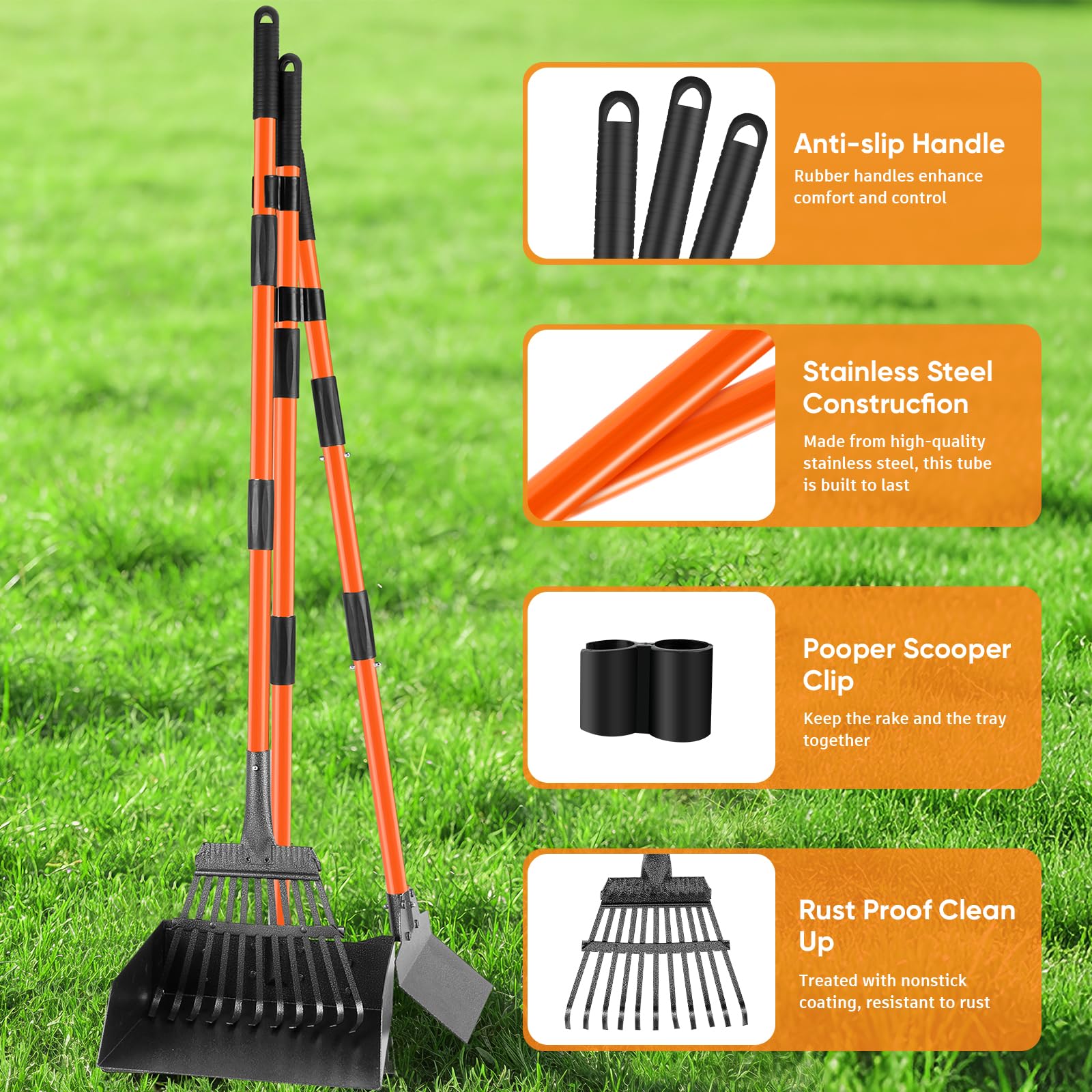 ROIUBPO Pooper Scooper adjustable-handle setup for comfortable cleaning.