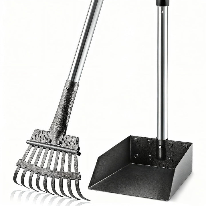 ROIUBPO pooper-scooper with long handle and tray for quick waste pickup.