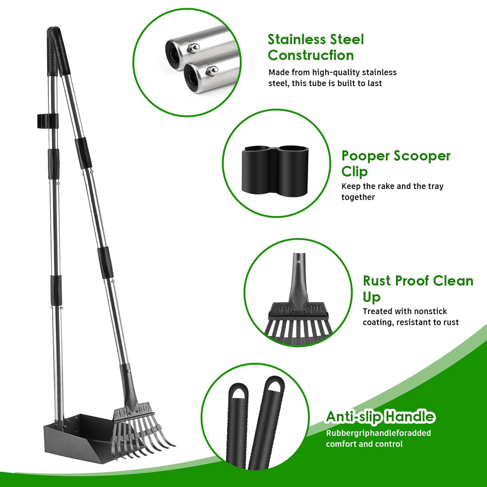 ROIUBPO pooper-scooper stainless-steel-tray ensures durability and rust resistance during outdoor use.