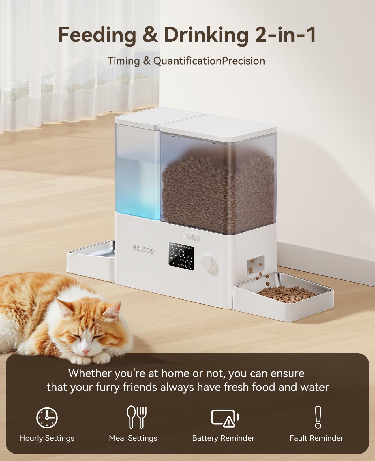 ROJECO 2-in-1 setup image showing separate food and water sections for clean meals