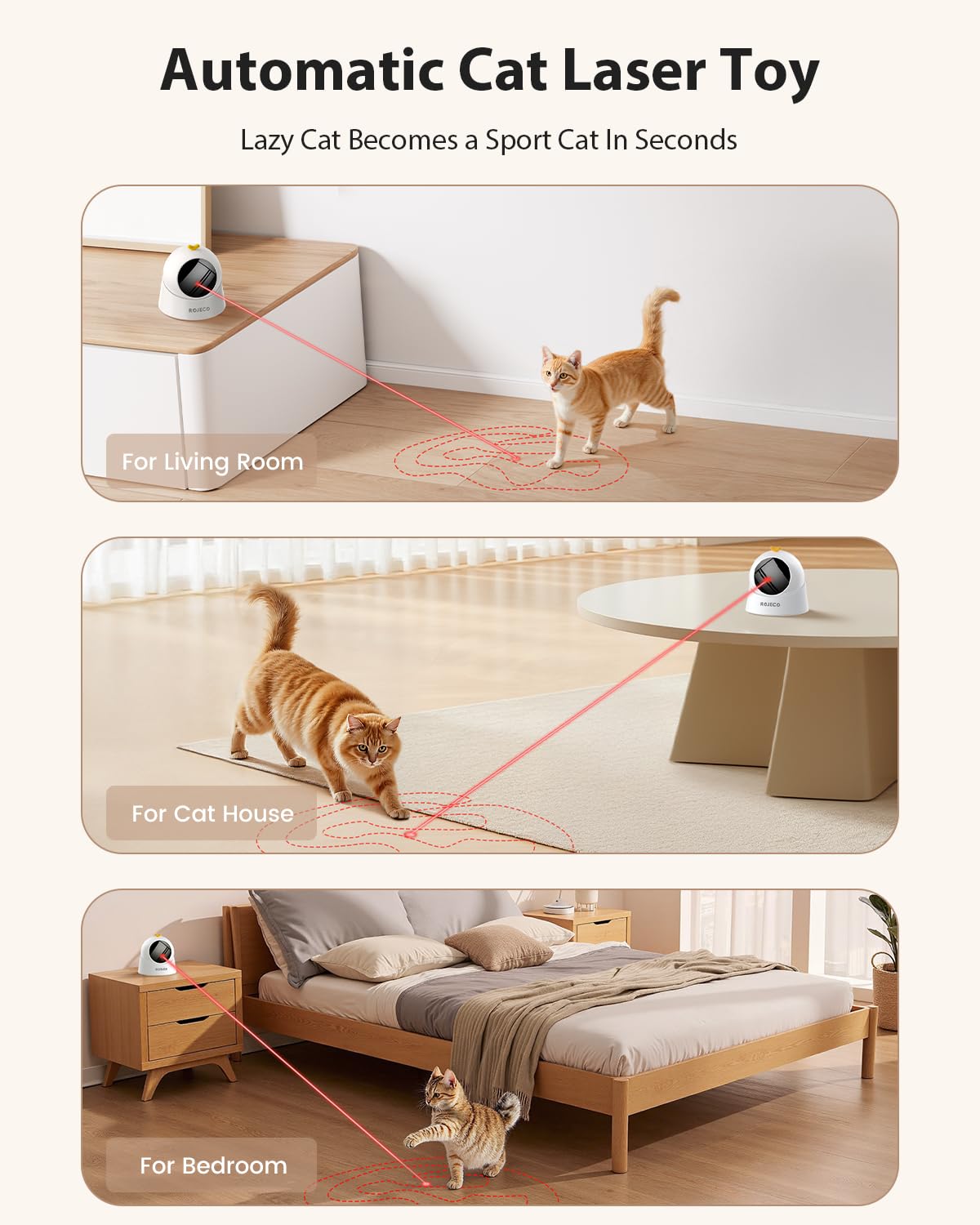 ROJECO Auto Laser Cat Toy angle adjustment highlights immersive chase motions that keep cats curious.