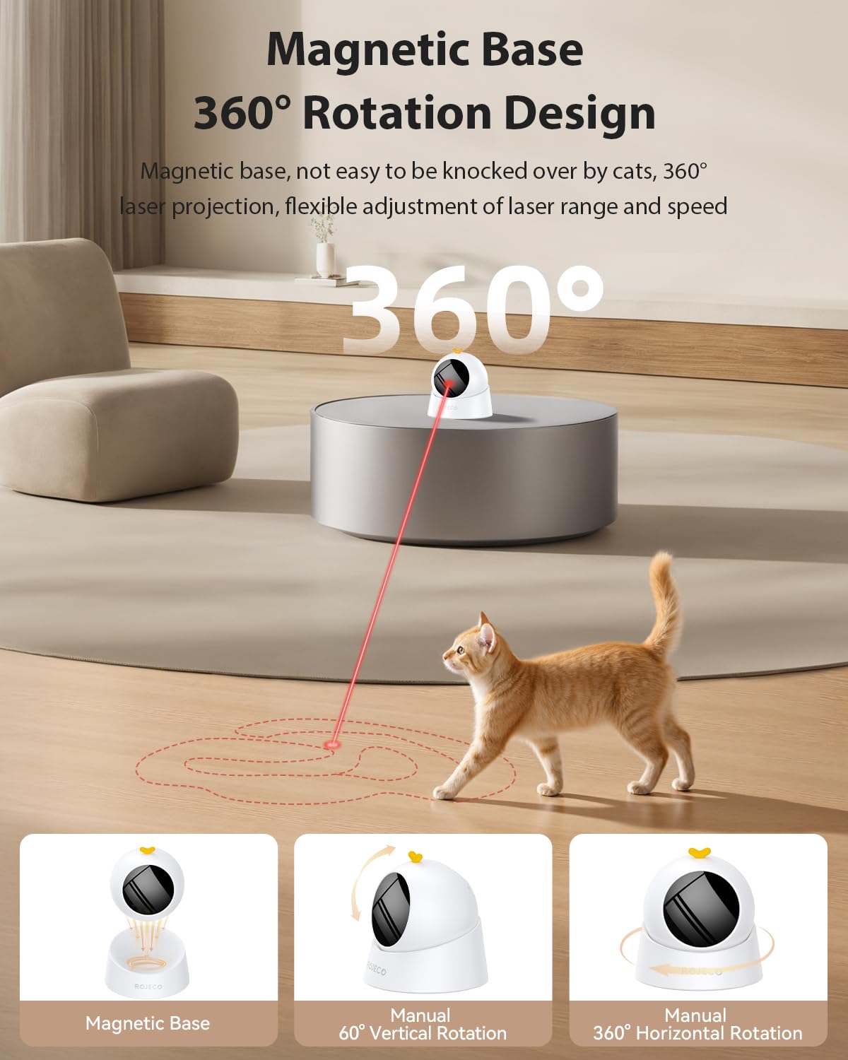 ROJECO Auto Laser Cat Toy ultra-quiet operation keeps homes peaceful during play.