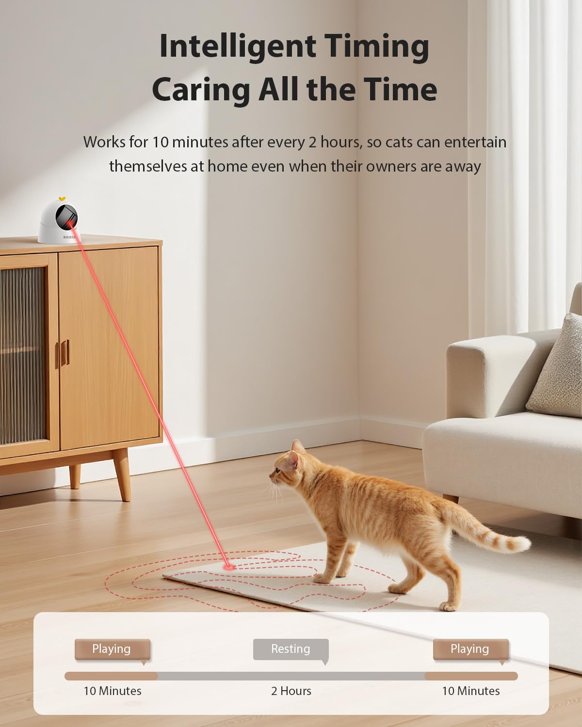 ROJECO Auto Laser Cat Toy USB rechargeable battery provides long playtime and eco-friendly use.