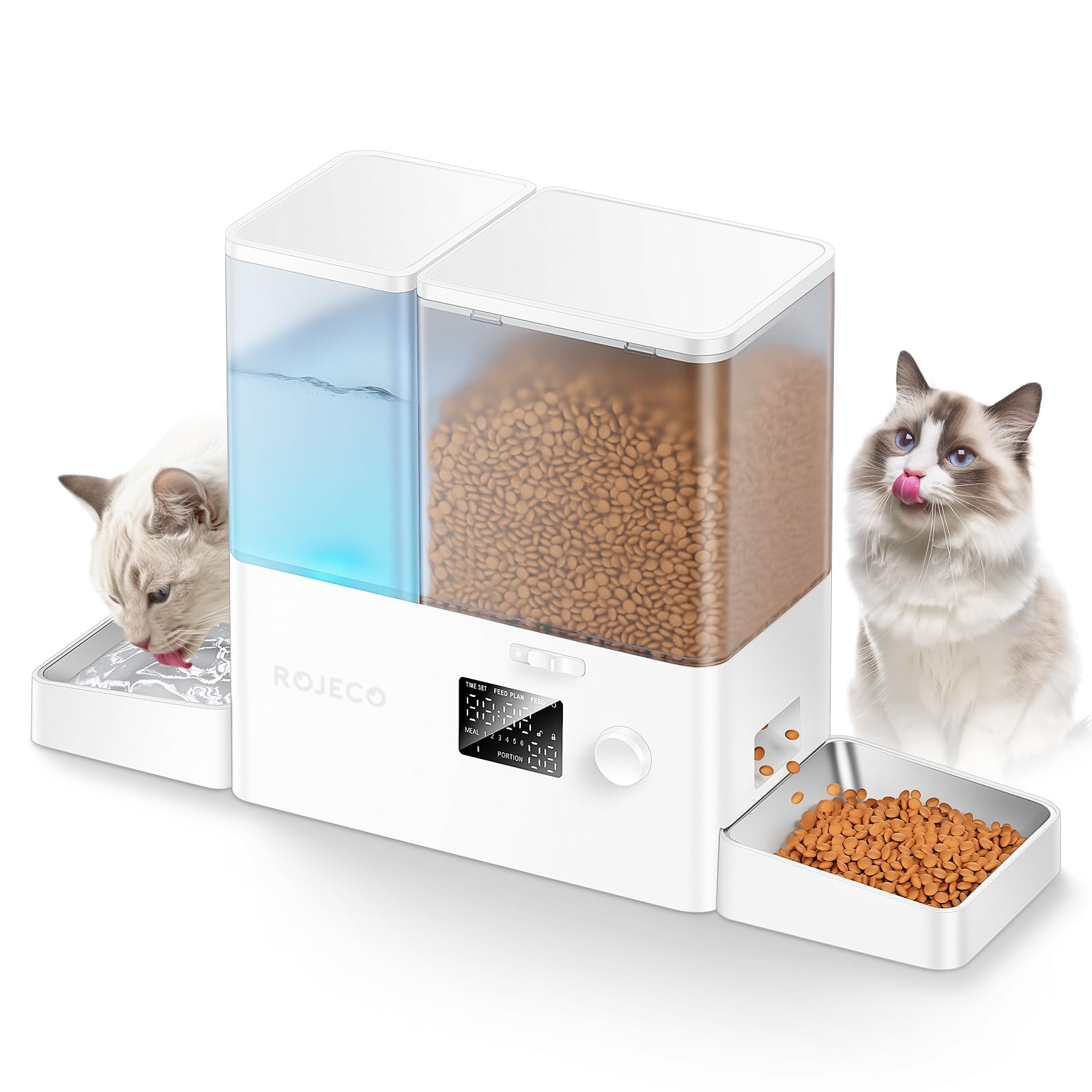 ROJECO automatic feeder and water dispenser front view with dual compartments for feeding and hydration