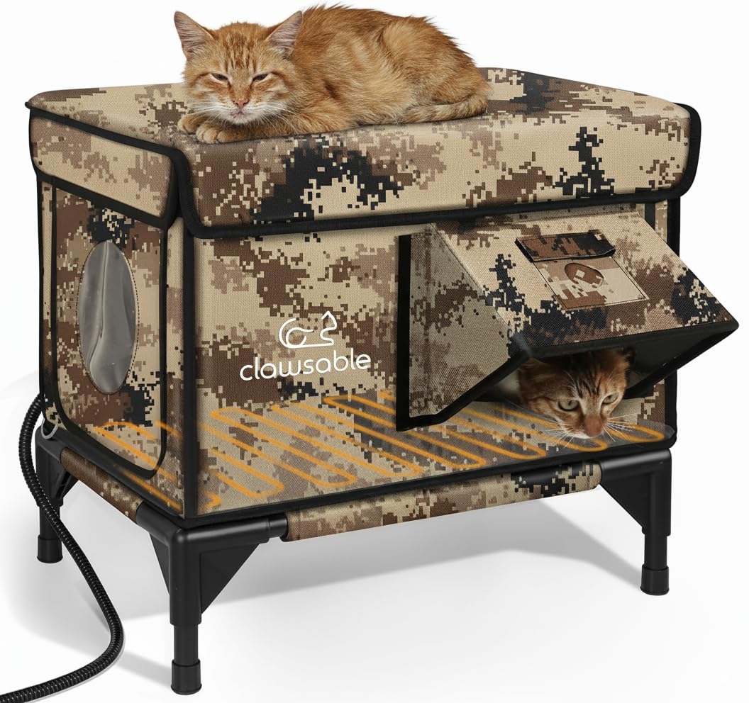 Rolimate indestructible heated cat house in desert camouflage offers durable outdoor shelter.