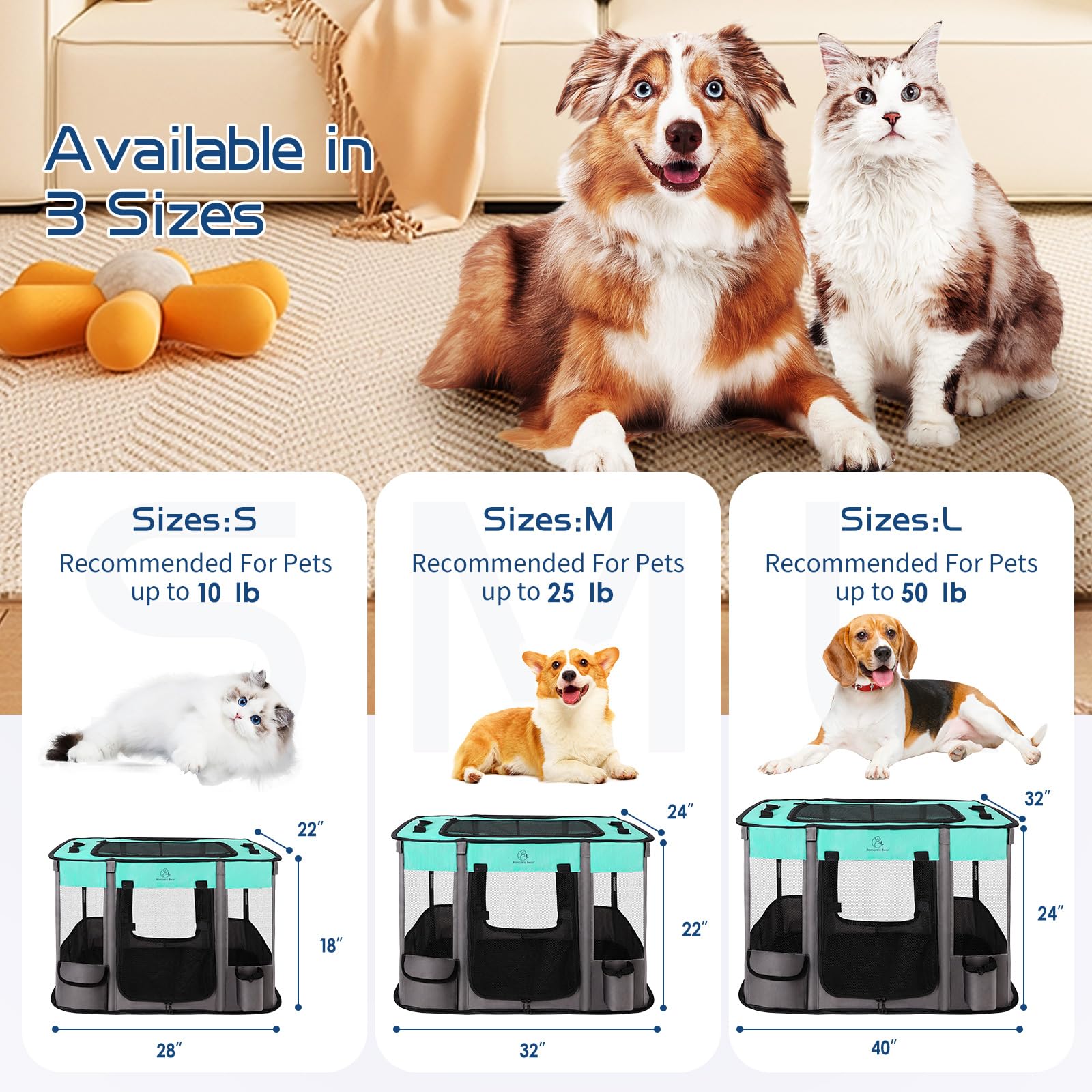 ROMANTIC BEAR dog playpen with 360-degree mesh views for airflow