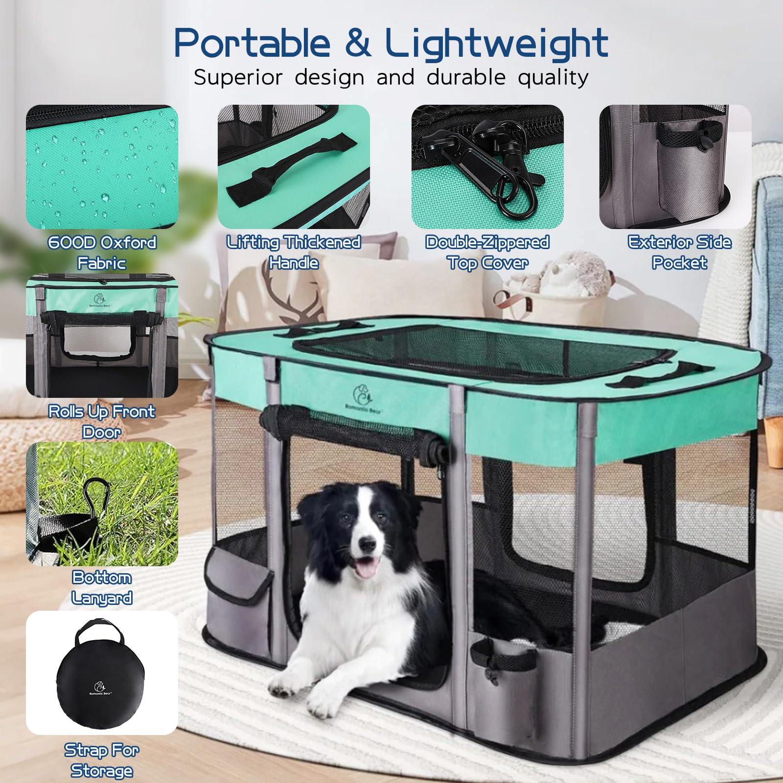 ROMANTIC BEAR dog playpen two rollable doors with locking zippers