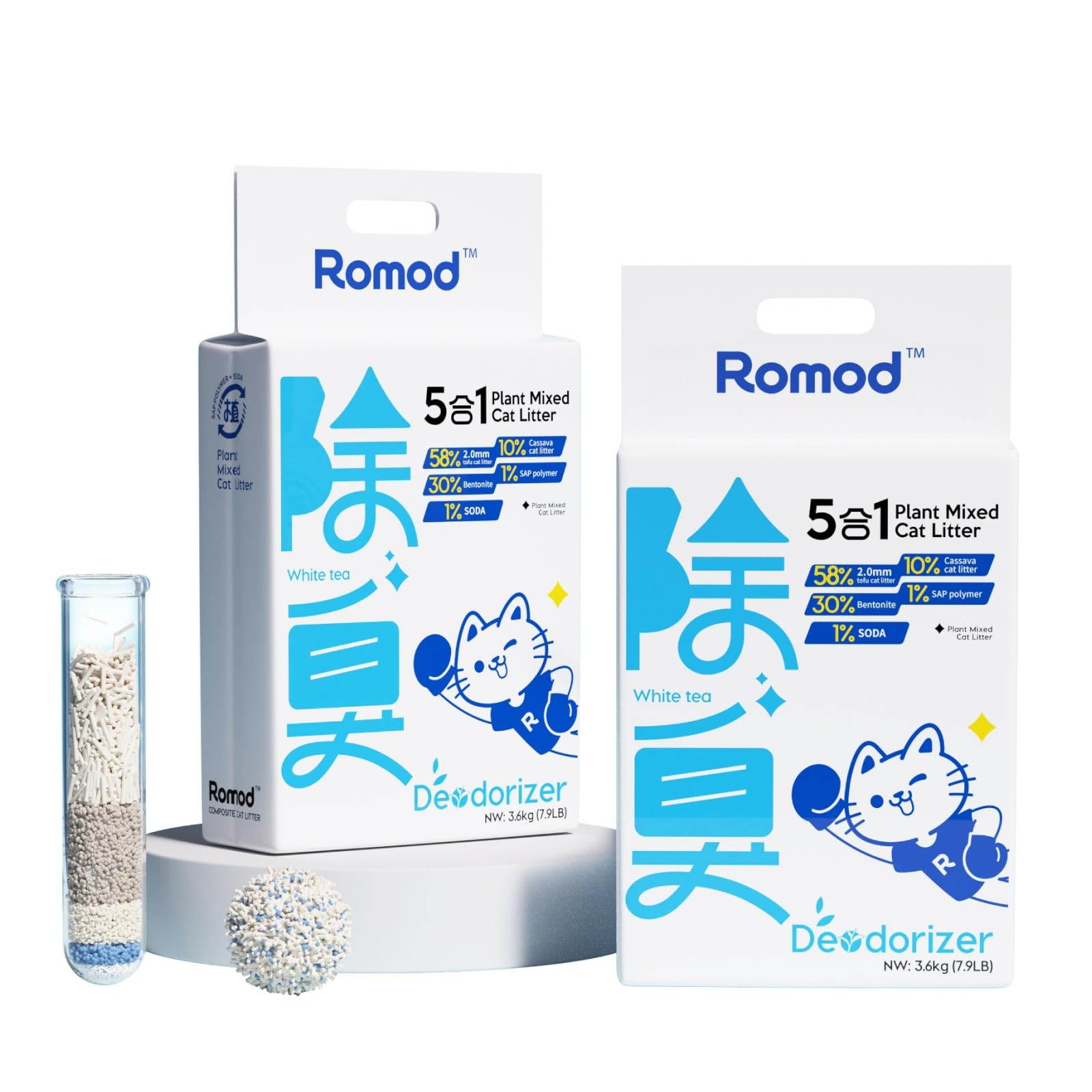 Romod 2Bags 5-in-1 tofu cat litter packaging shows eco-friendly design