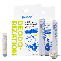 Romod 4in1 tofu cassava litter mix enables fast clumps for easy cleaning.