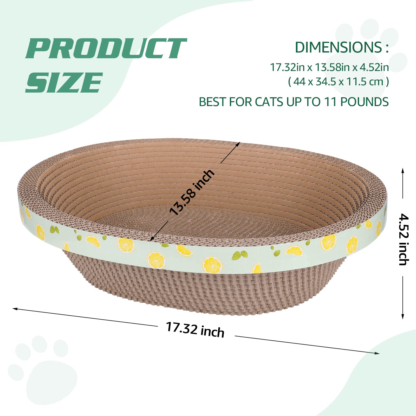 ROMOHOM oval cat scratcher bed dimension guide illustrates size options for cats.