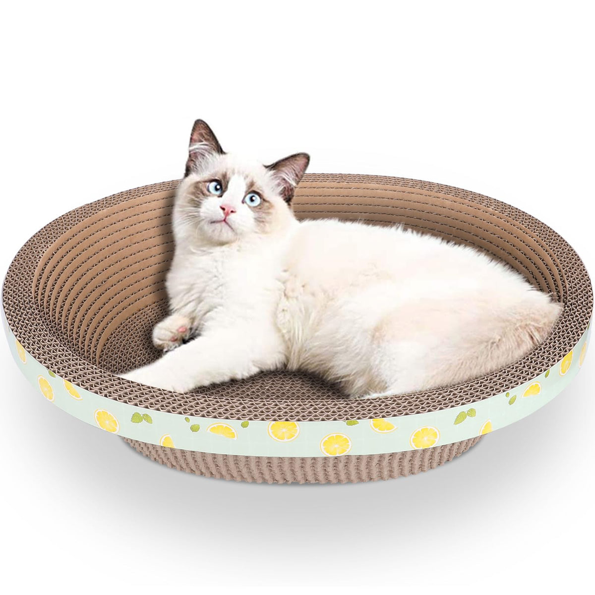 ROMOHOM oval cat scratcher bed front view shows sturdy, comfortable lounging.