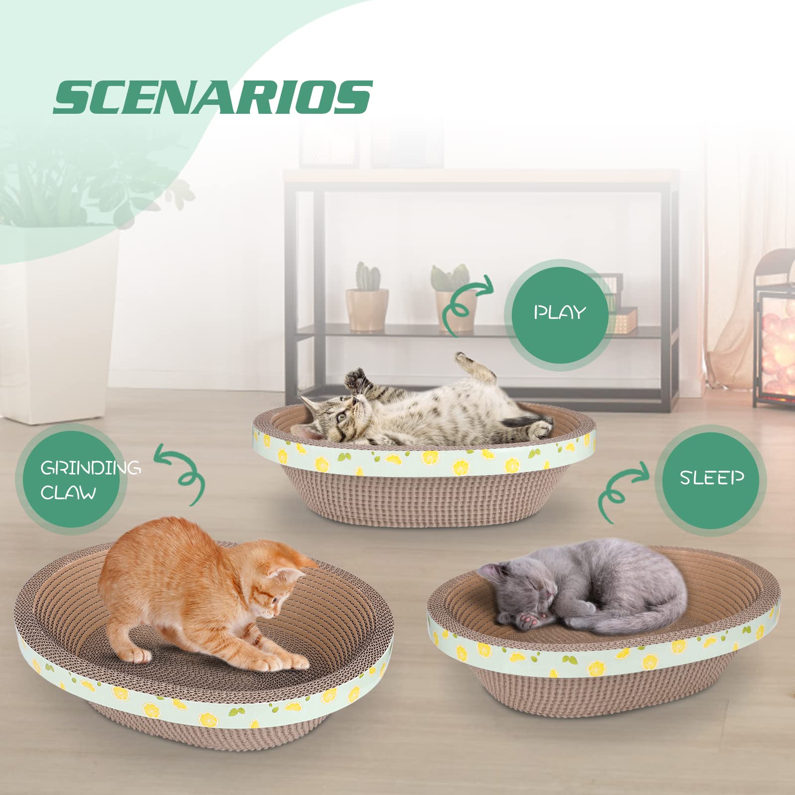 ROMOHOM oval cat scratcher bed in use demonstrates calm feline lounging and scratching.