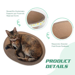 ROMOHOM oval cat scratcher bed side view highlights ergonomic rest and claw maintenance.