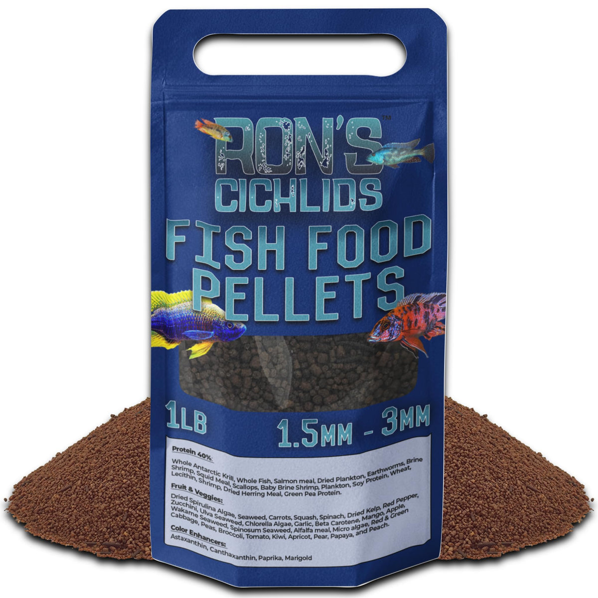 RON'S CICHLIDS African Cichlid Food pellets pack supports balanced Mbuna nutrition.