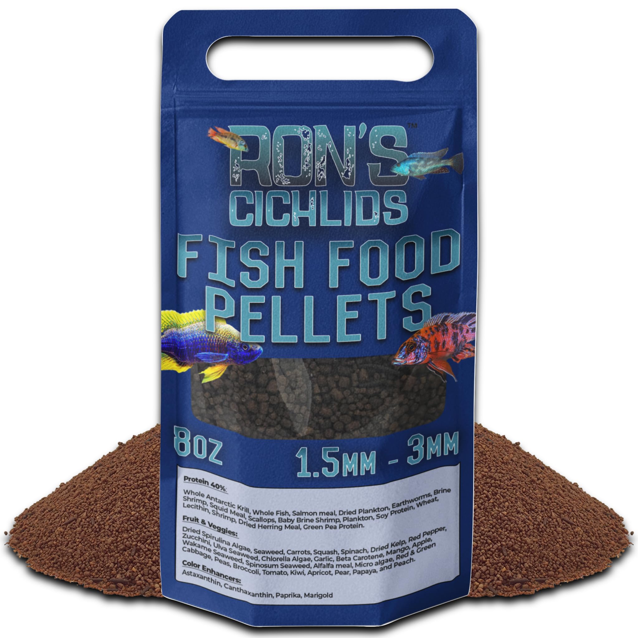 RON'S CICHLIDS Mbuna blend packaging highlights premium ingredients for vibrant color and healthier growth