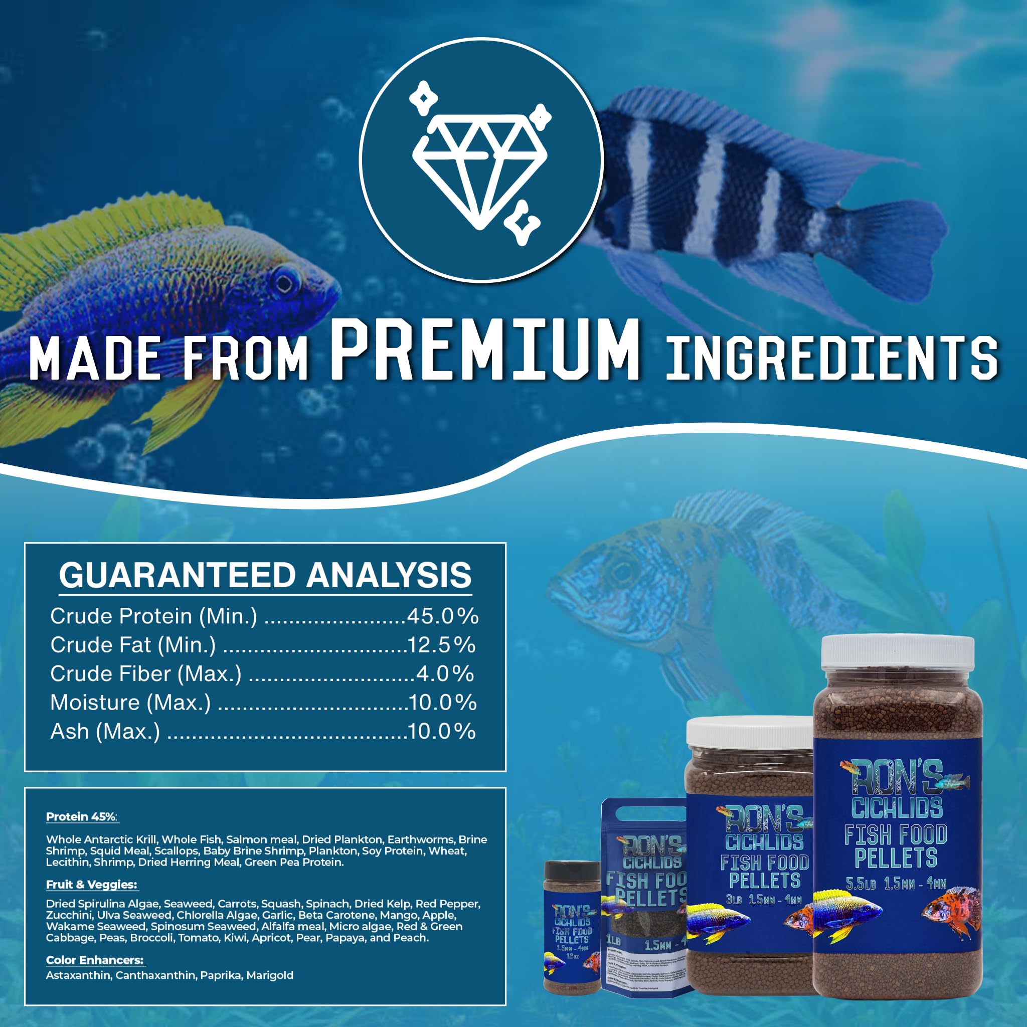 RON'S CICHLIDS pellets close-up texture highlights crisp pellets and high protein.