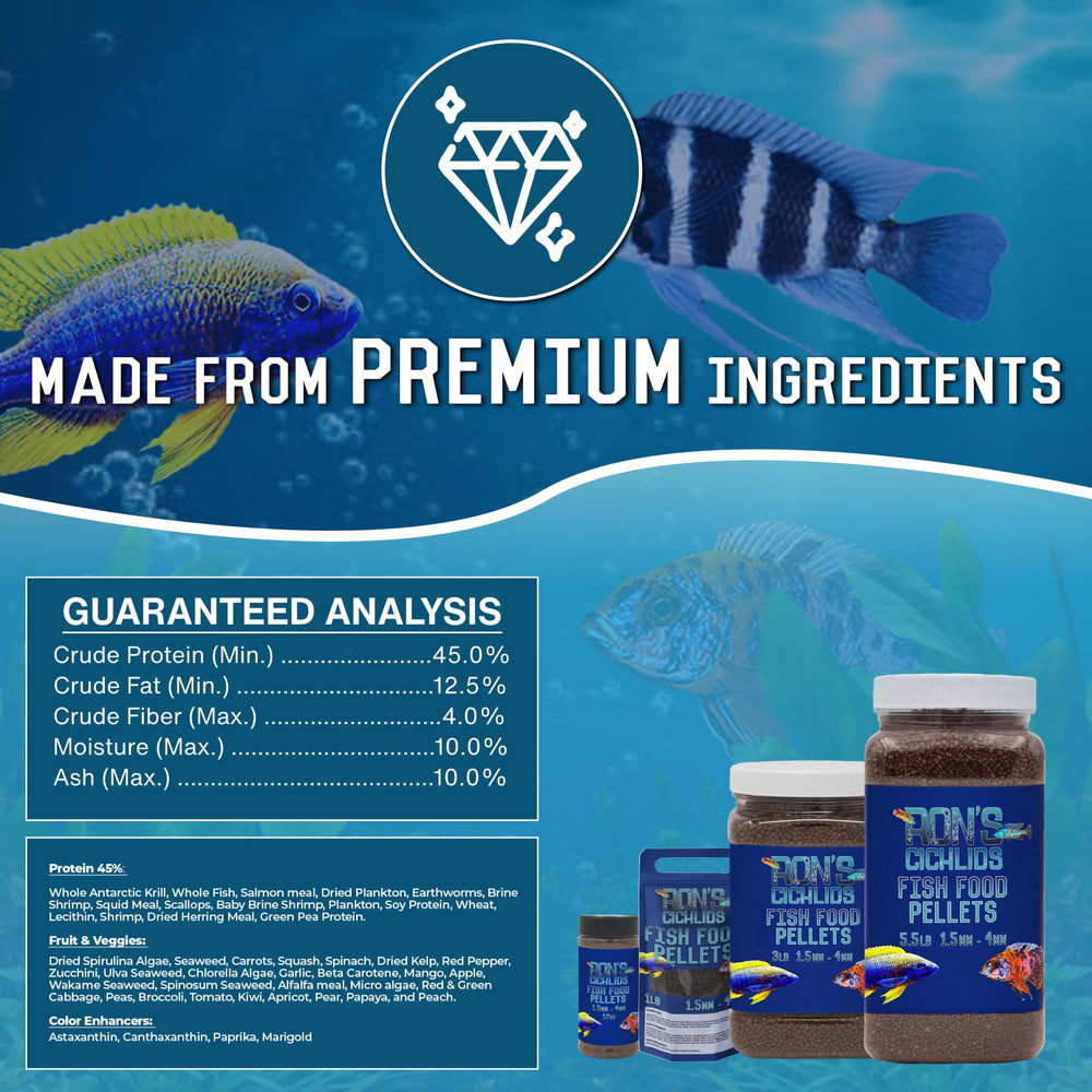RON'S CICHLIDS pellets close-up texture highlights crisp pellets and high protein.