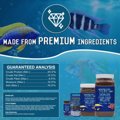 RON'S CICHLIDS pellets close-up texture highlights crisp pellets and high protein.