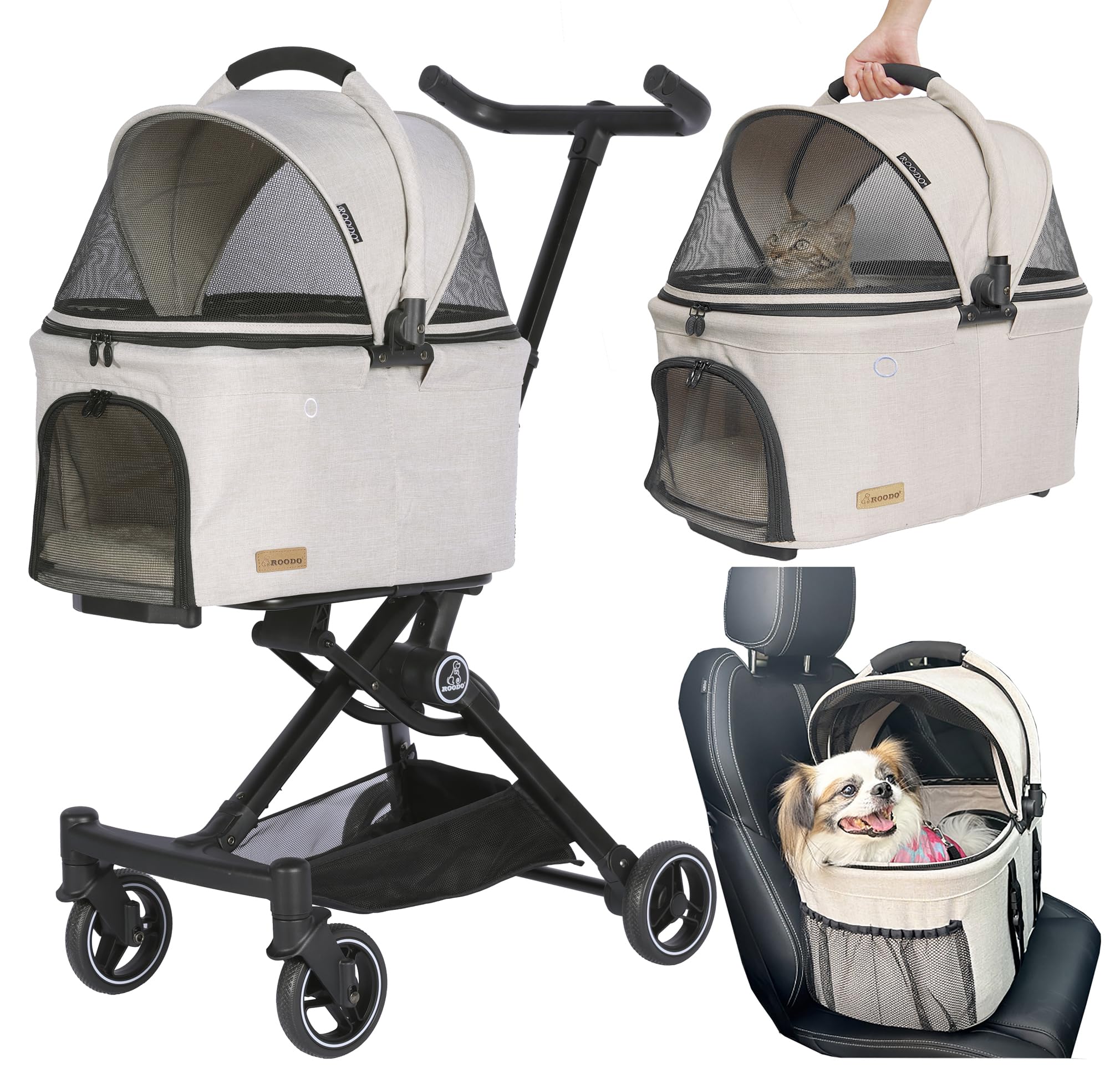 ROODO 2026 upgraded 3in1 stroller left view showing easy maneuverability for pets up to 30 lbs