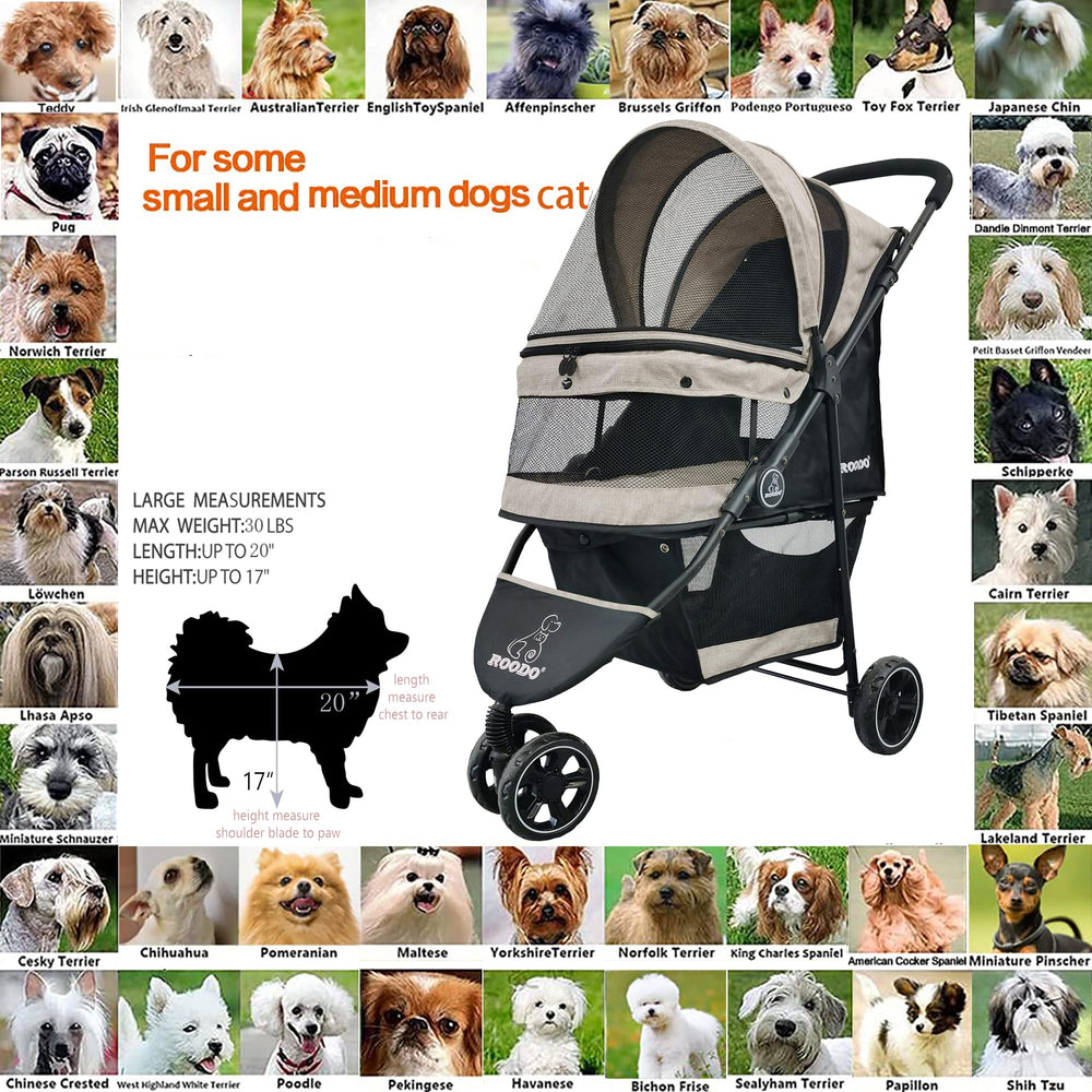 ROODO 3-Wheel Dog Stroller rear view with storage basket for essentials