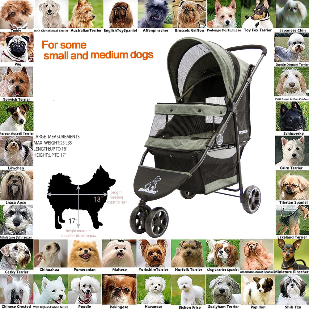 ROODO 3-wheel pet stroller folded, compact and portable.