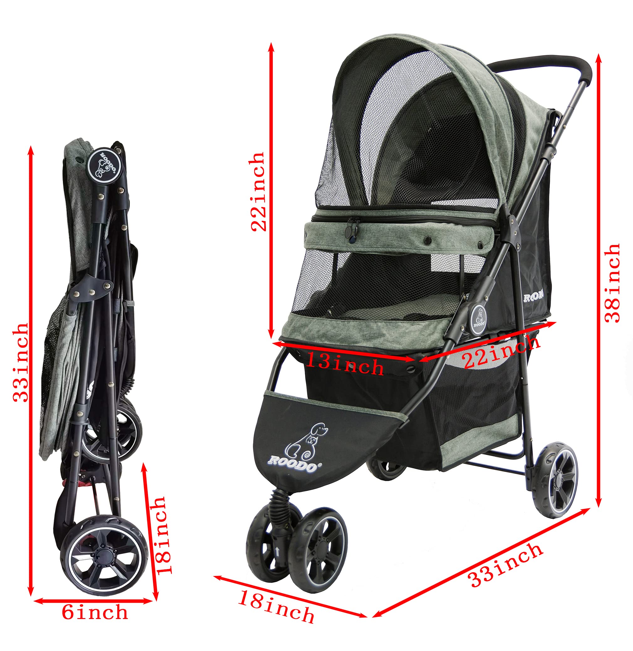 ROODO 3-wheel pet stroller rear view, stable ride for pets up to 30 lbs.