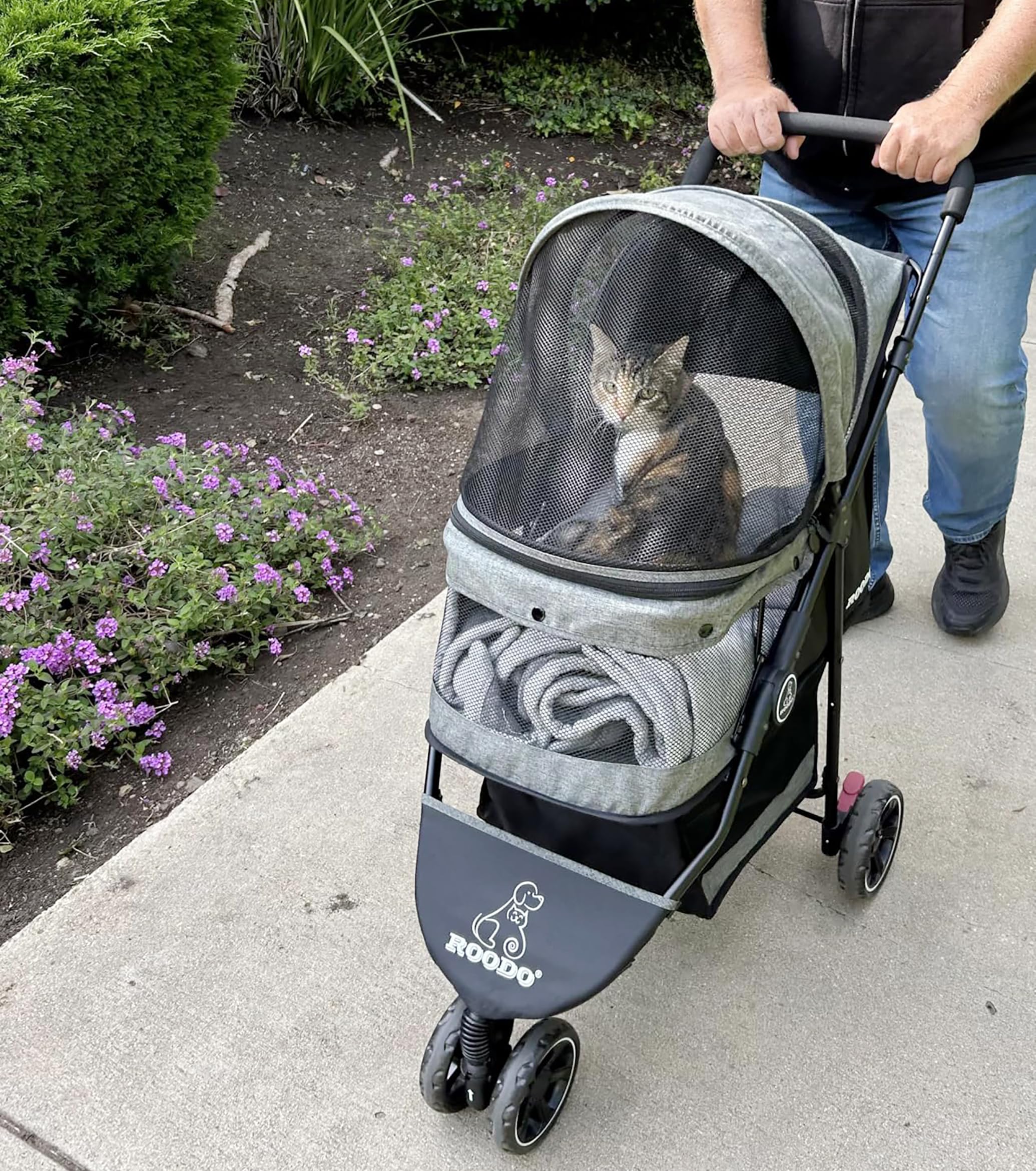 ROODO 3-wheel pet stroller side view, compact for car trunk storage.
