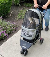 ROODO 3-wheel pet stroller side view, compact for car trunk storage.